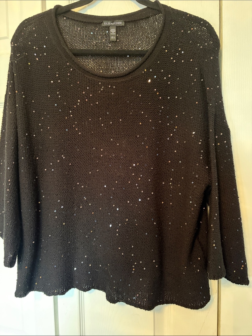 Eileen Fisher Black Sequin-Accent Merino Wool Crewneck Sweater L